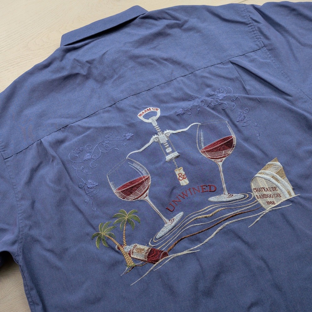 Bamboo Cay Mens Blue Unwined Wine Embroidered Short Sleeve Button Down Shirt XL
